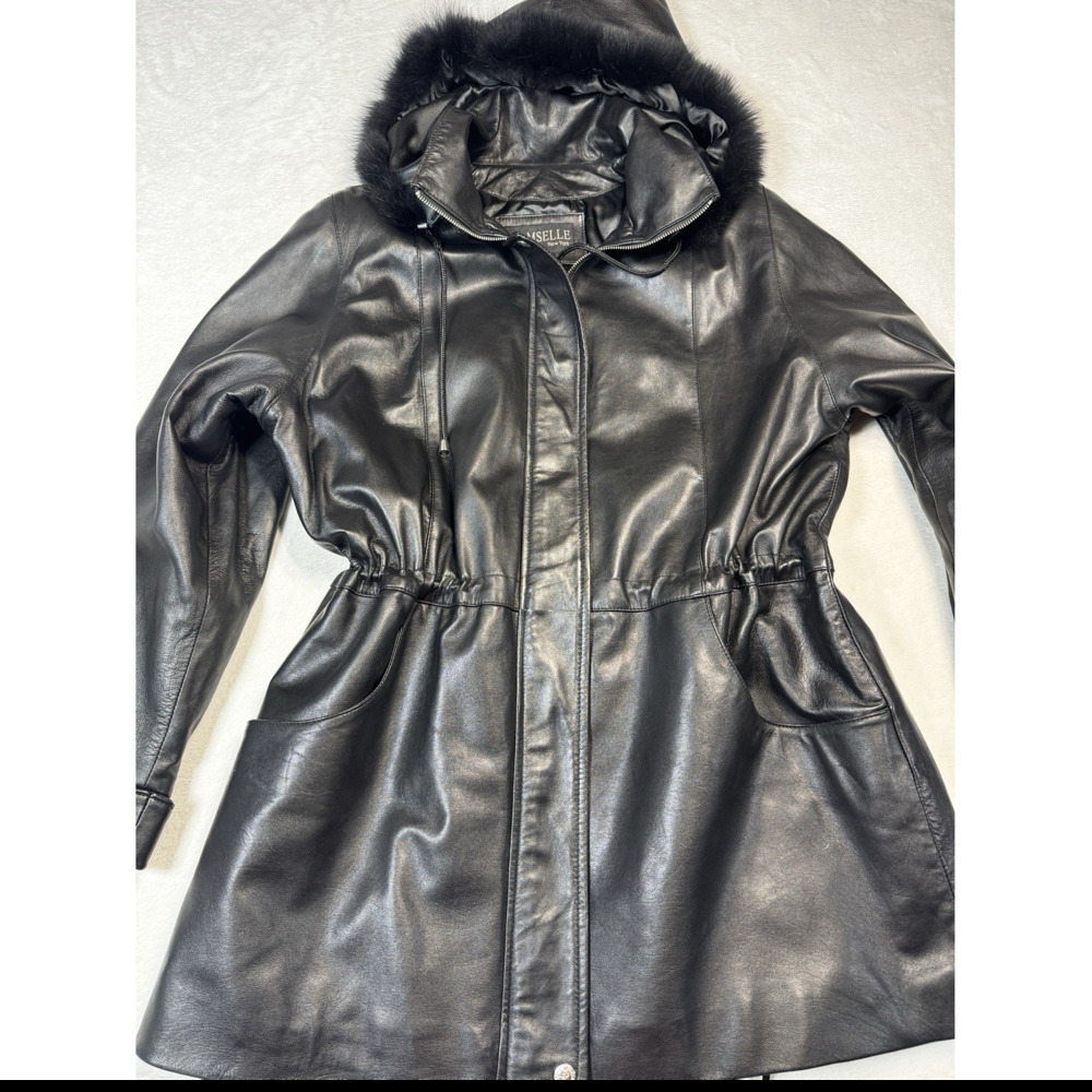 Damselle Black Lamb Leather Parka Coat Fox Fur Hood Y2K Mob Wife Dark Glam Sz Lg